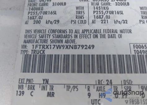 1999 Ford F-150 Lariat/Work Series/Xl/Xlt from USA, damaged, VIN 1FTRX17W9XNB79249